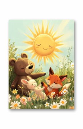 A friendly, smiling sun with cartoon style rays shining down on a group of happy animal friends