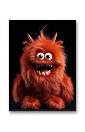 Plush orange monster with large eyes and spiky hair stands against a dark background