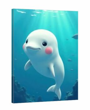 cute cartoon beluga swimming underwater with sunlight rays filtering through ocean. marine life, children's illustration, aquatic animal fantasy. book cover, educational material, poster or wallpaper.