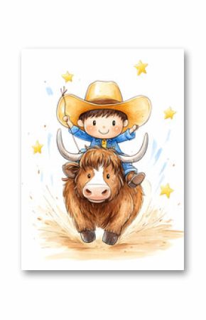 Cute boy riding a bull in a cowboy hat