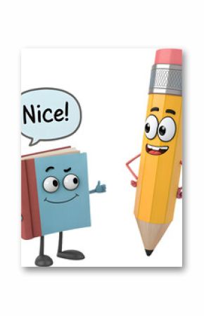  A book and pencil cartoon couple represents education, imagination, and creativity with a charming design. 