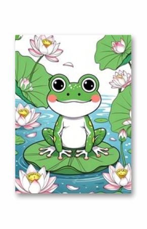 Bright green frog sitting on a lily pad among blooming lotus flowers in a tranquil pond during a sunny afternoon
