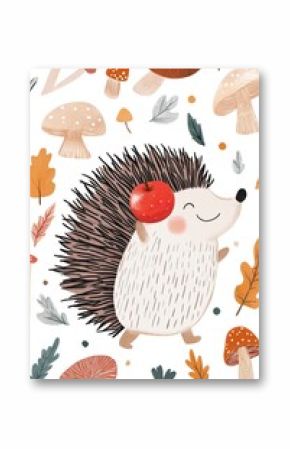 Cheerful cartoon hedgehog carrying red apple among autumn leaves and mushrooms