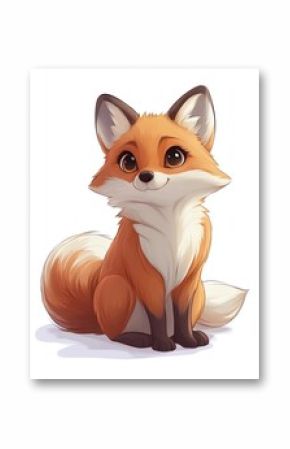 A cartoon fox is sitting on the ground. Cute animal, a simple flat illustration, with minimal details and white background