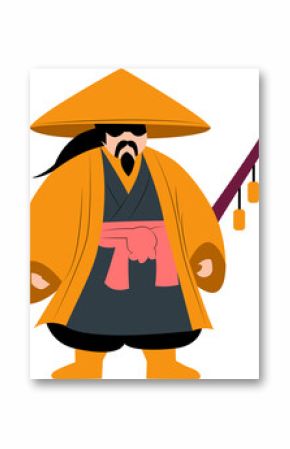 medieval Japanese farmer wearing straw raincoat cartoon