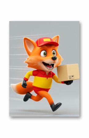 Energetic Fox Delivery Mascot with red and yellow uniform. Cartoon Illustration