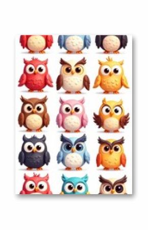 A collection of colorful cartoon owls with big eyes and fluffy feathers on a white backdrop, set, feathers, whimsical