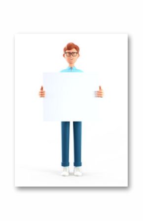 3D illustration of smiling happy businessman holding white blank board. Portrait of cartoon standing man showing banner, advertising poster