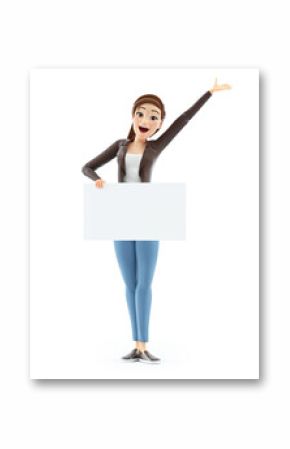 3d happy cartoon woman holding placard