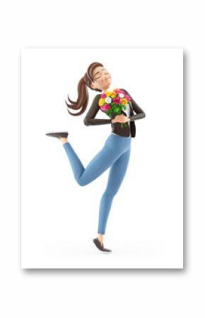 3d happy cartoon woman holding flower bouquet