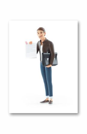 3d cartoon man holding completed document