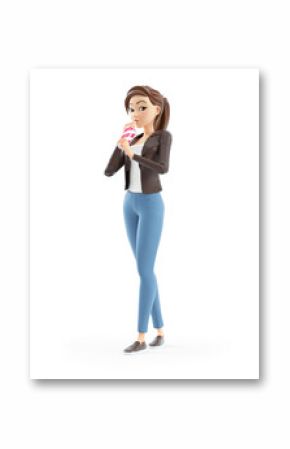 3d cartoon woman walking and drinking soda