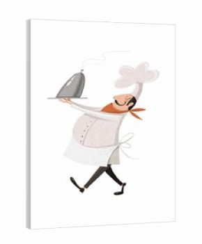 Funny chef in a uniform cap and a tray in his hands. Cute cartoon style. Stock illustration.