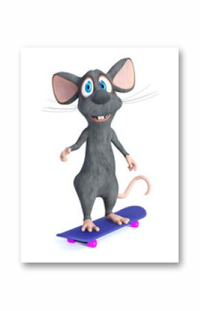 3D rendering of a cartoon mouse skateboarding.
