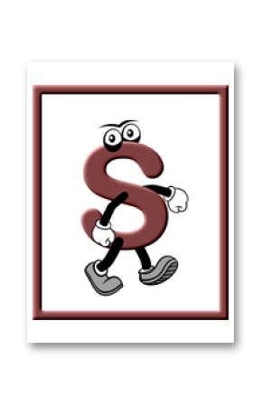 A 3D rendered illustration of the alphabet letter S decorated with cartoon eyes, hands, and feet, in a frame and isolated on a white background.