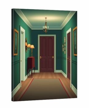 cartoon illustration, the interior of the corridor of the house with doors to the rooms, generative AI