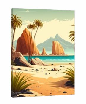 cartoon illustration, sandy beach with palm, trees, trees and mountains, generative AI