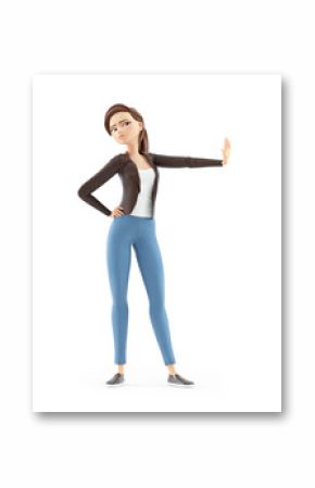 3d cartoon woman stop gesture with hand