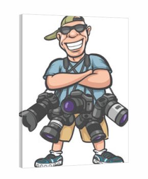 funny cartoon character happy photographer with lots of cameras - PNG image with transparent background