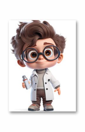 Cute cartoon tiny boy as a scientist, isolated on white background. Generative art