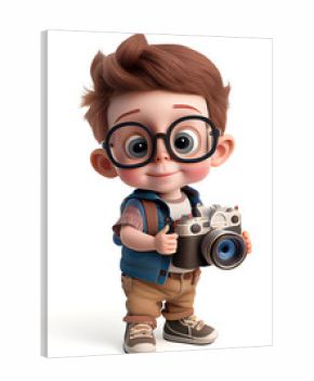 Cute cartoon tiny boy as a photographer, isolated on white background. Generative art