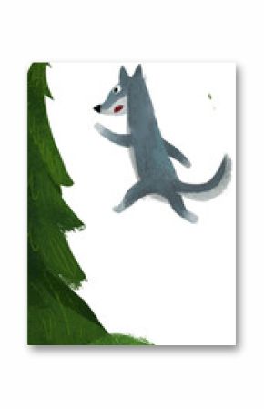 cartoon scene with wolf running in the forest illustration for children