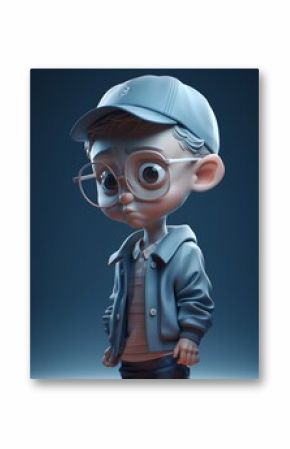 cute little nerdy 3D cartoon boy character with glasses looking a bit sad, generative ai