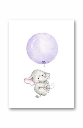 Cute elephant hanging on purple  balloon