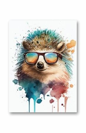 Watercolor Hedgehog with Sun Glasses Illustration Isolated on White Background. Colorful Digital Animal Art