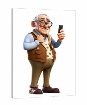 Cartoon old man with smartphone, ai generated