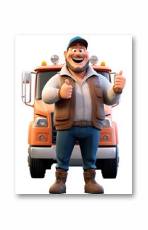 Cheerful truck driver posing with his truck. Full body shot of cartoon character on isolated transparent background