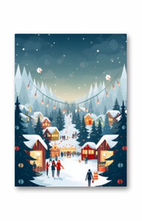 A minimal cartoon Christmas poster with people in the foreground and traditional buildings in the background. Snow and festive lights. Generative AI.