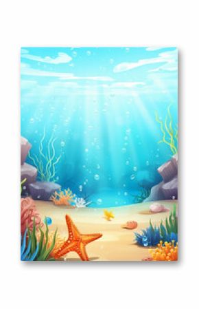 Underwater cartoon illustration, undersea game background with marine life. cute octopus, fish, coral