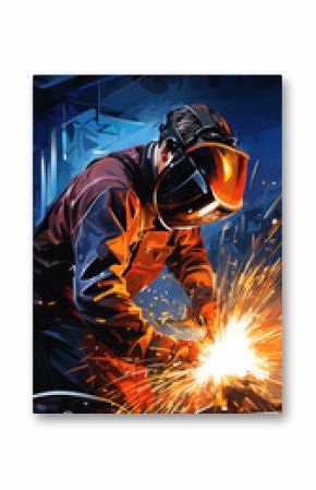 Welding work in a factory, a male welder welds steel, cartoon style