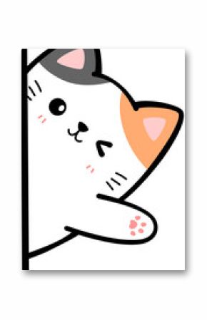 Black and orange cat sneak behind wall waving hand flat cartoon doodle element
