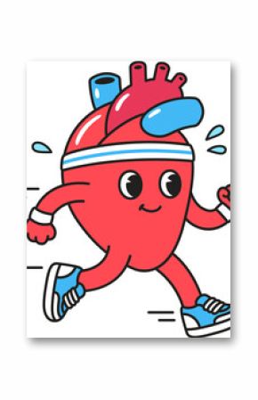 Cute cartoon heart character in sweatband and running shoes jogging and sweating. Healthy heart exercising, simple retro comic style illustration.