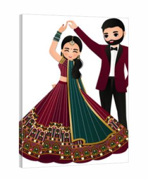 Bride and groom cute couple indian dress cartoon character