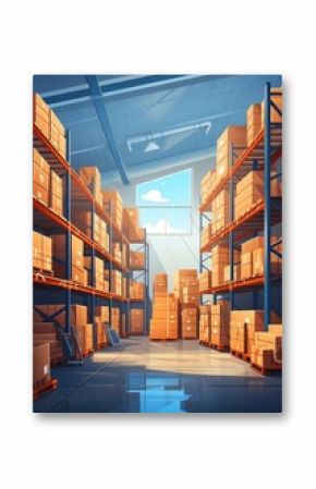 cartoon illustration warehouse boxes pallets panoramic imagery busy place surfaces long weasel flat still landscape