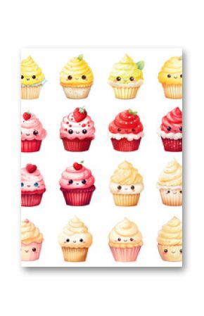 Watercolor Cute Cupcake Set. Set of Cupcake Clipart. Cute Cupcake Sticker.