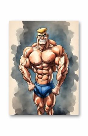 A vintage water color STYLE sketch, a cartoon caricature of a bodybuilder with huge muscles posing on stage, he is by himself isolated.