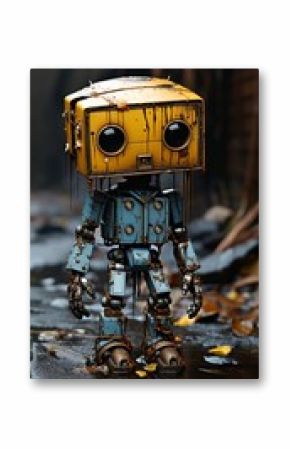A sad robot standing alone in the rain. Generative AI. 