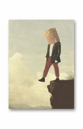 Illustration of man with paper bag over head, failure surreal concept