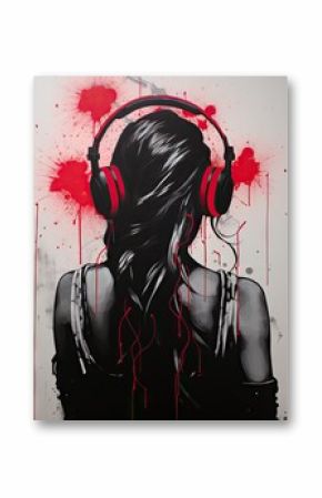 girl in headphones listening music. fantasy graffiti illustration. watercolor painting, in the style of stencil and spray paint,