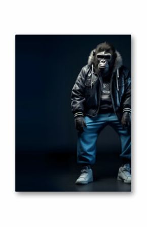 Creative animal concept. Gorilla full body in hip hop stylish fashion isolated on dark background, commercial, editorial advertisement, surreal, copy text space  