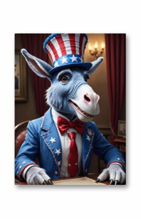 Blue donkey wearing a top uncle Sam hat. Generative AI