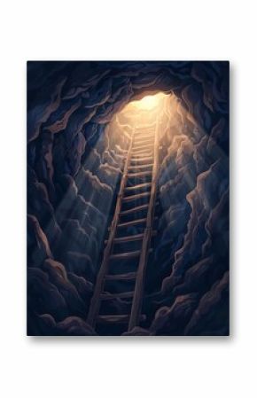 cartoon illustration of a long wooden ladder leading up from the depths to the light