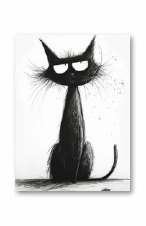 Black cat ink art cartoon drawing on white background