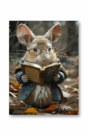 A cartoon character of a rabbit with a book in his hands. 3d illustration. The concept of learning and education