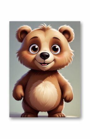 A cute and friendly cartoon bear with large eyes, a button nose, and a happy expression The bear has a fluffy, round body