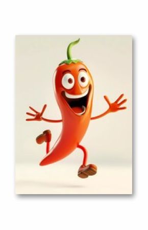 chili cartoon character with style jumping into the air, 3d illustration of chili cartoon character, isolated on white background.